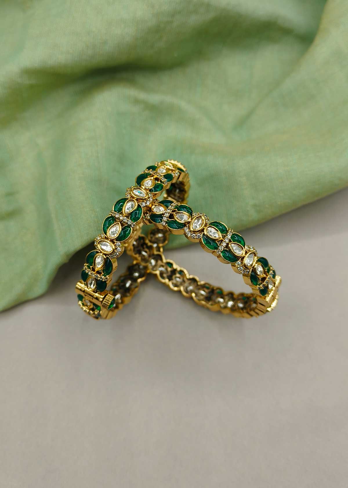 Antique Gold Kundan And Cubic Zircon Meenakari Openable Bangles For Women (Pair)