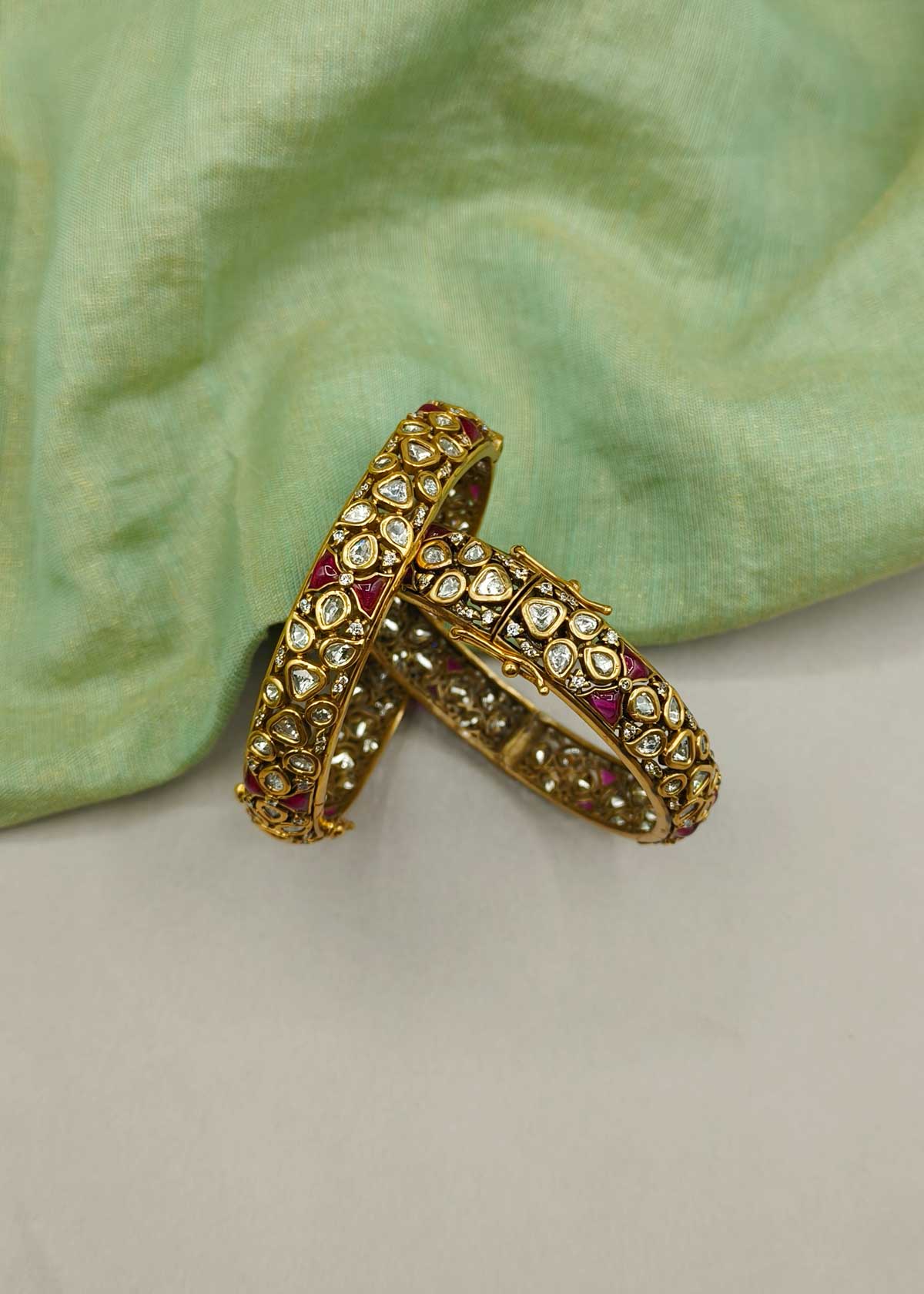 Traditional Antique Gold Kundan And Cubic Zircon Meenakari Openable Bangles For Women (Pair)