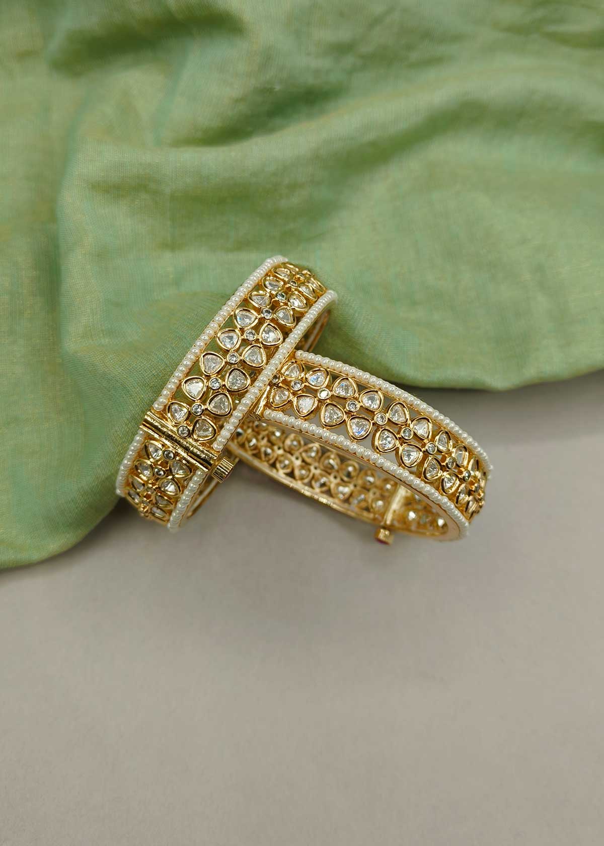 Floral Designer Cubic Zircon Kundan And Pearl Openable Bangles For Women (Pair)