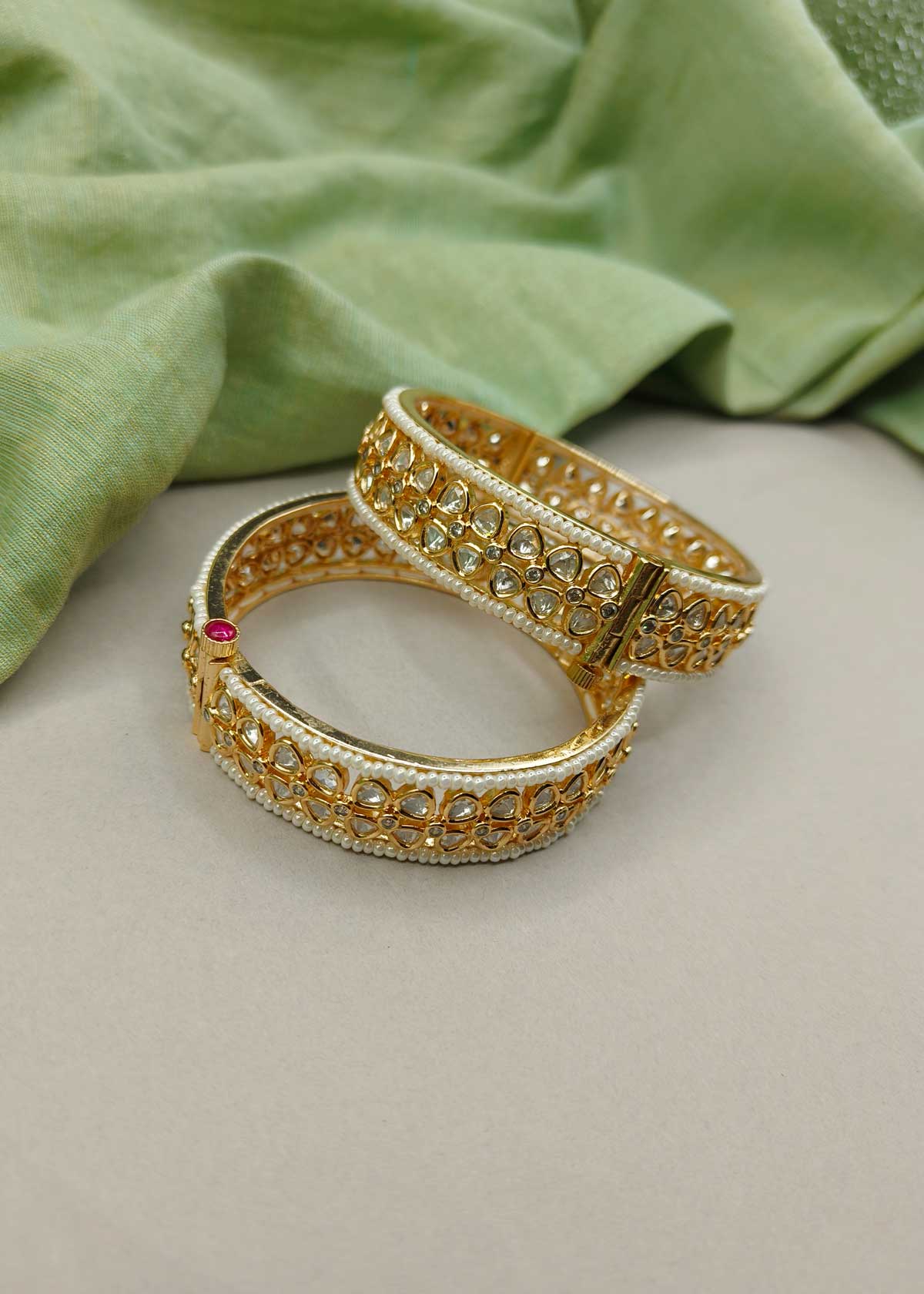 Floral Designer Cubic Zircon Kundan And Pearl Openable Bangles For Women (Pair)