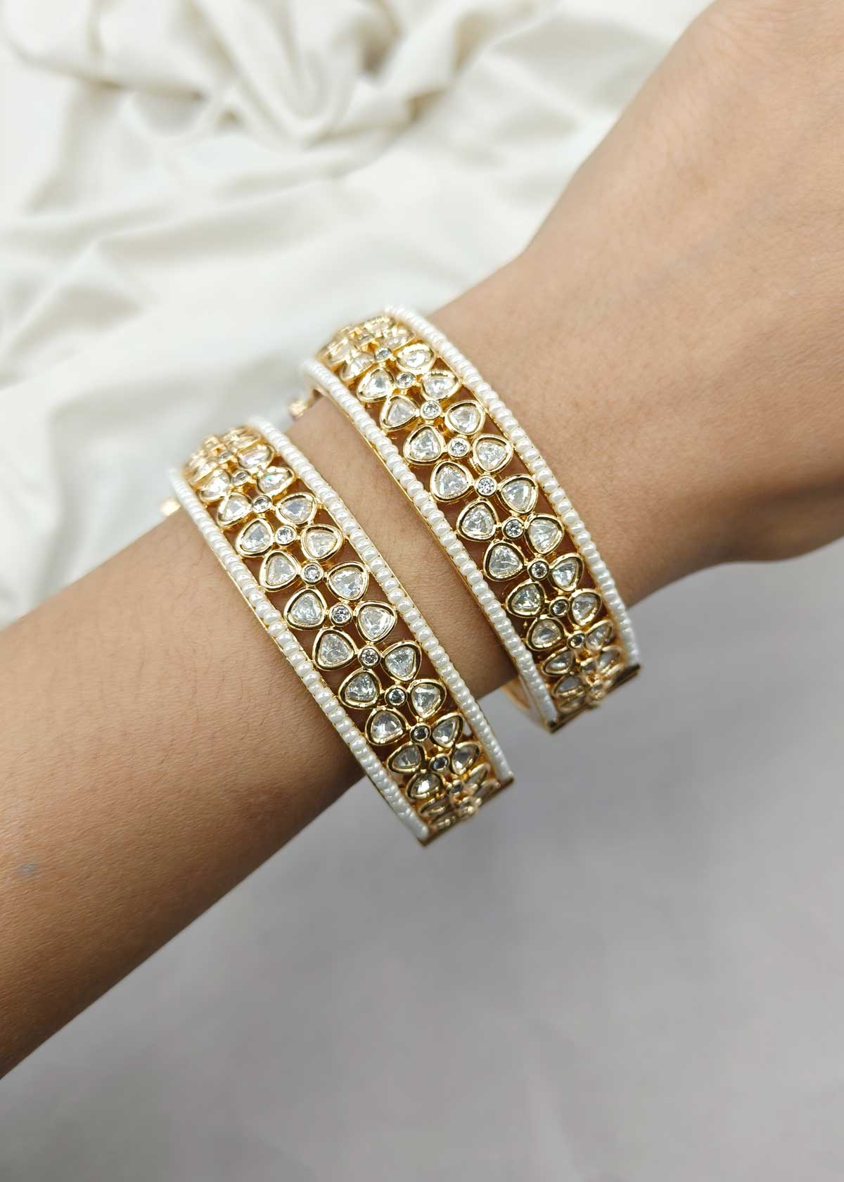 Floral Designer Cubic Zircon Kundan And Pearl Openable Bangles For Women (Pair)