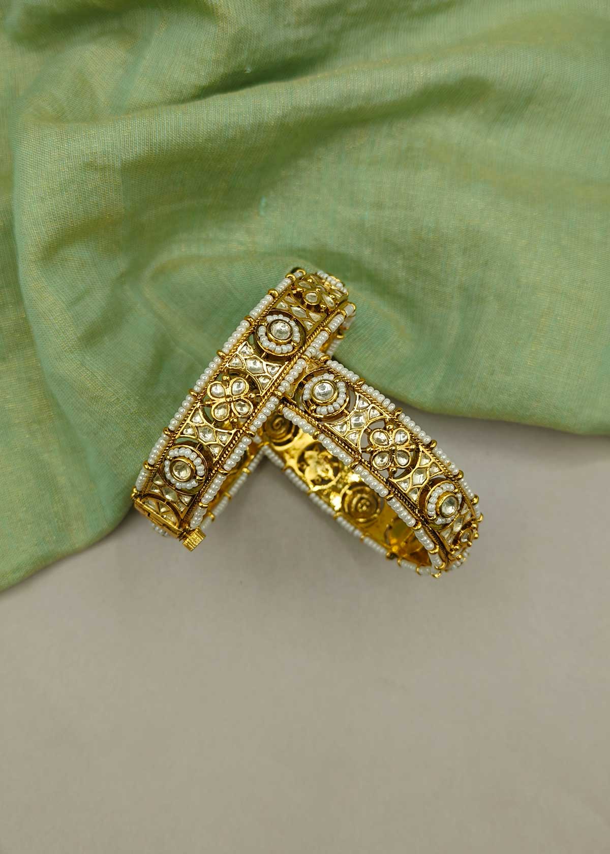 Kundan Polki Floral Designer With Pearl Openable Bangles For Women (Pair)