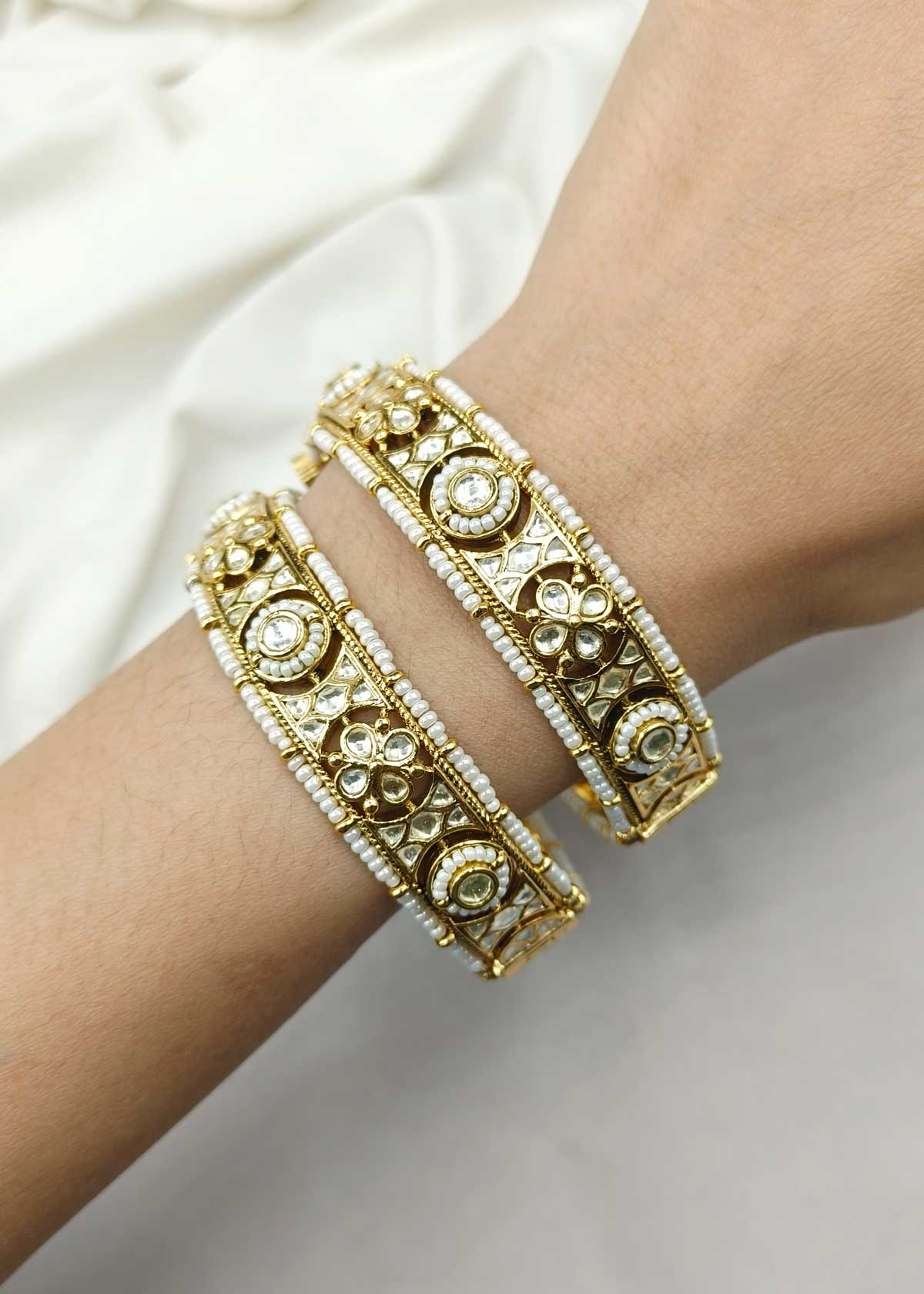 Kundan Polki Floral Designer With Pearl Openable Bangles For Women (Pair)