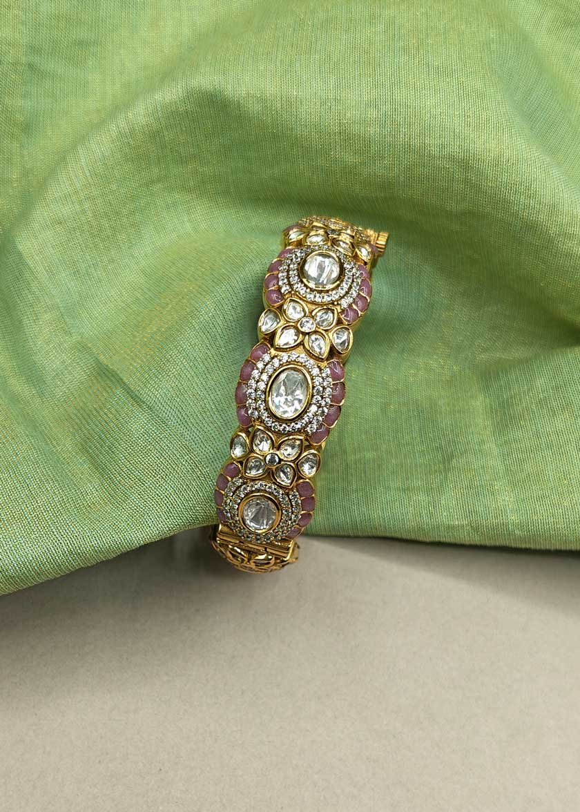 Heritage Designed Antique Gold Kundan And Cubic Zircon Meenakari Openable Kada Bangle For Women (Single)