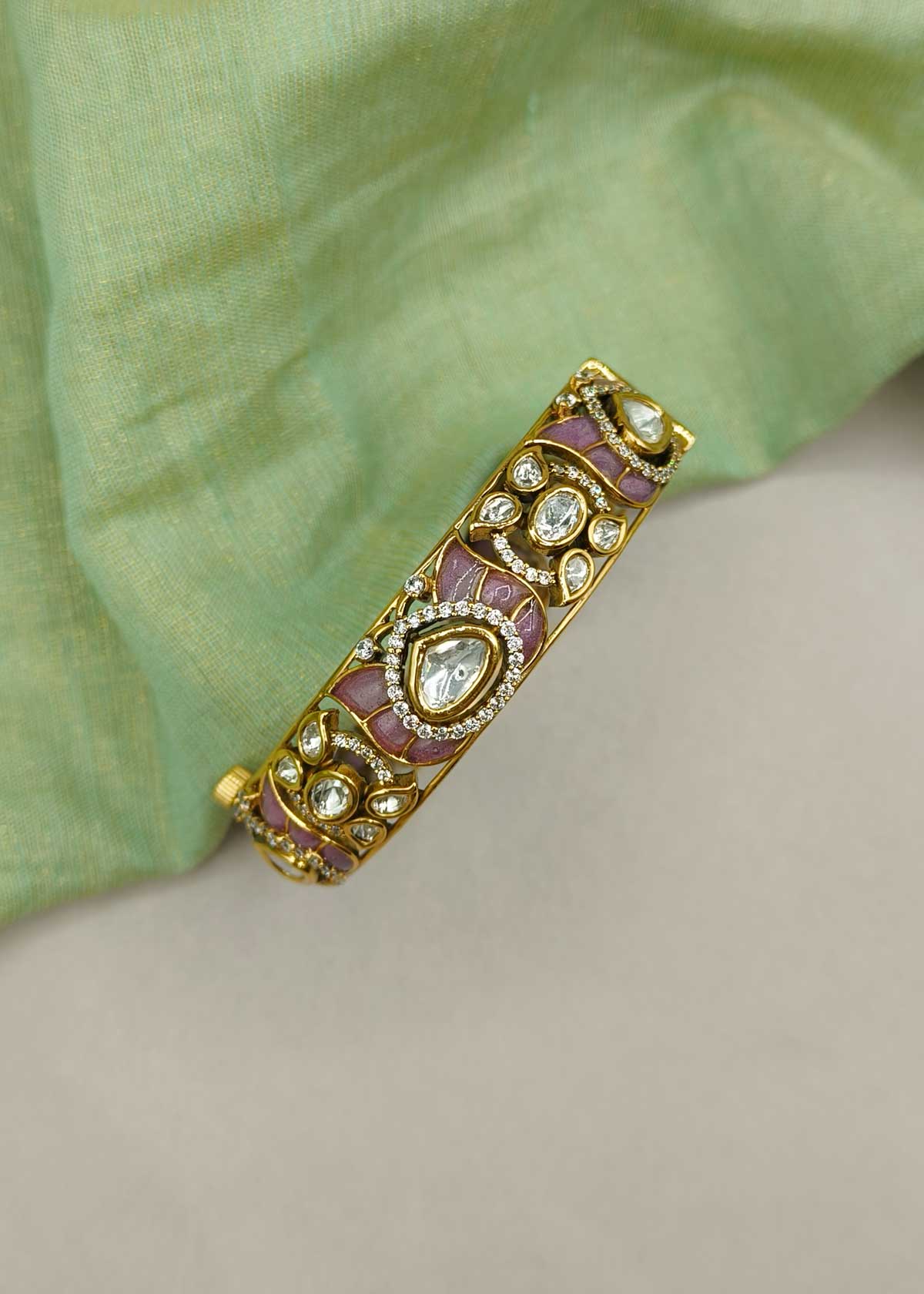 Elegant Floral Design Antique Gold Kundan And Cubic Zircon Meenakari Openable Kada Bangle For Women (Single)