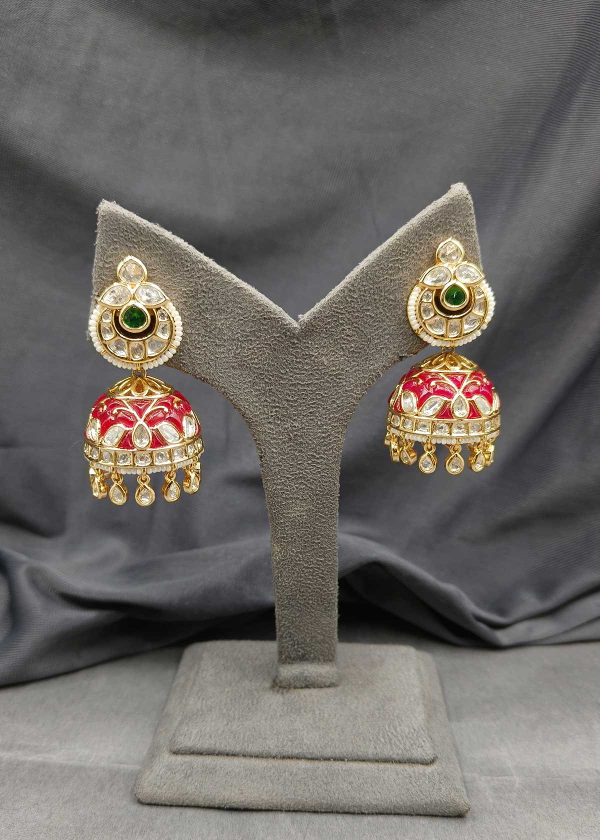 Traditional Classic Gold Polish Colourful Meenakari With Kundan And Pearl Jhumkas