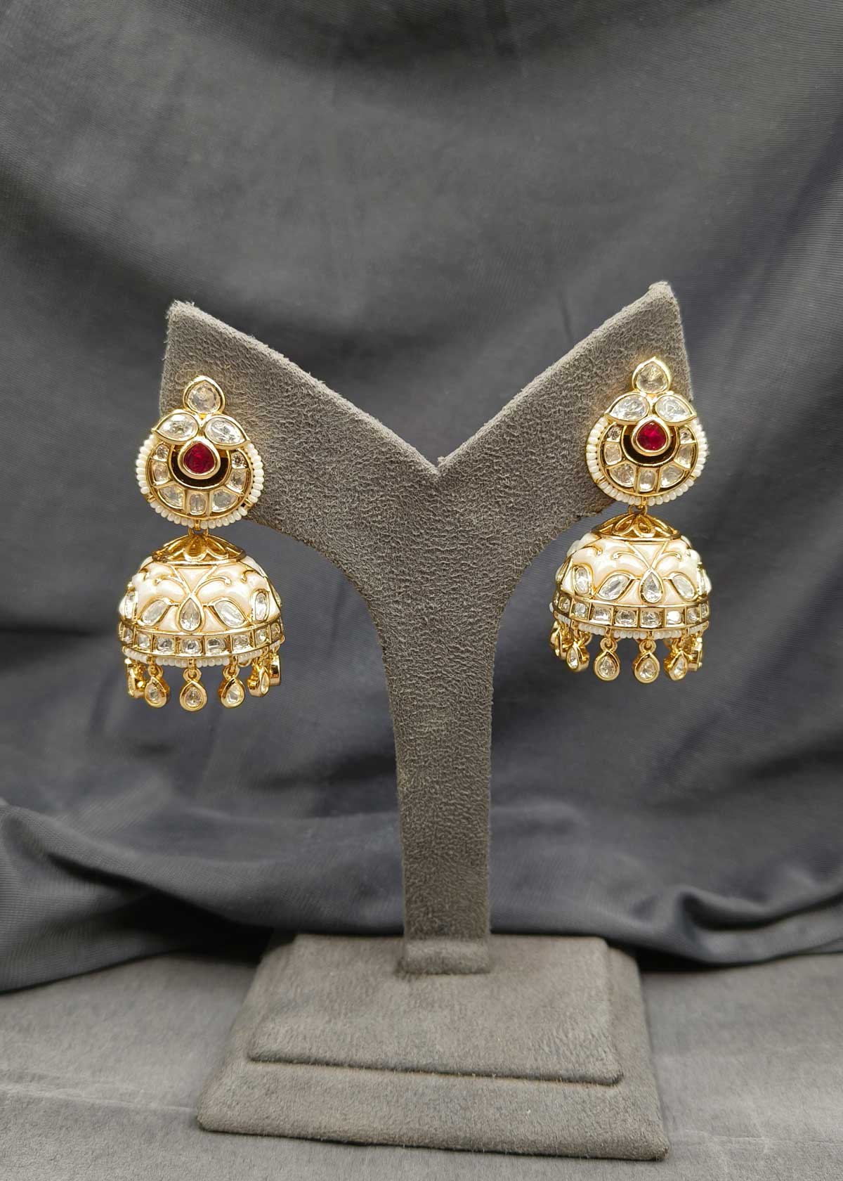 Traditional Classic Gold Polish Colourful Meenakari With Kundan And Pearl Jhumkas