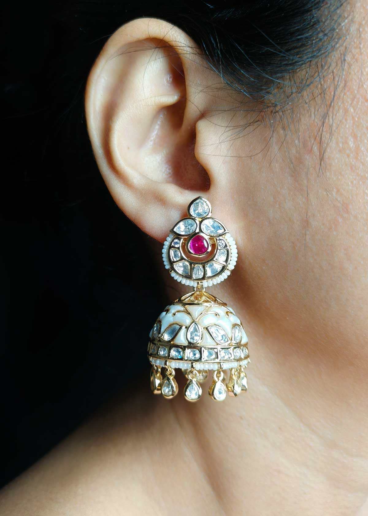 Traditional Classic Gold Polish Colourful Meenakari With Kundan And Pearl Jhumkas