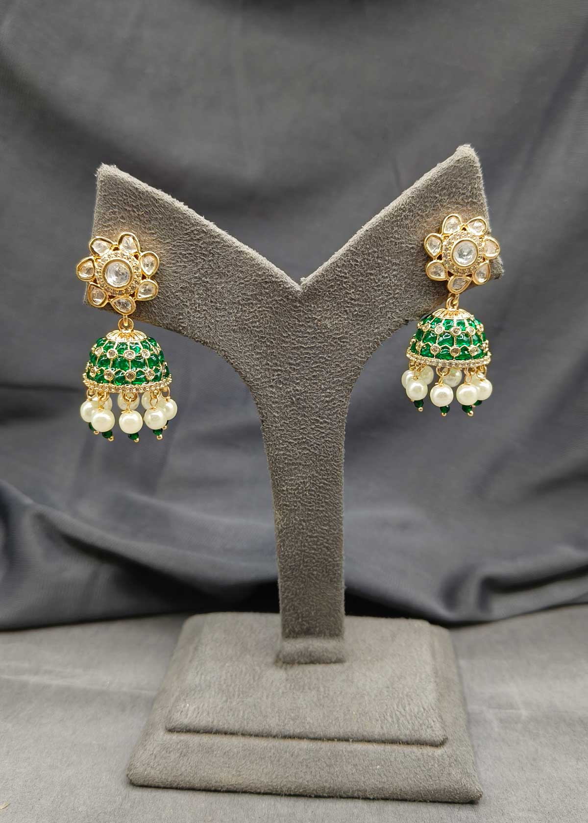 Kundan Gold Plated Floral Design Red And Green Diamond With Pearl Drops Meenakari Jhumka Earring