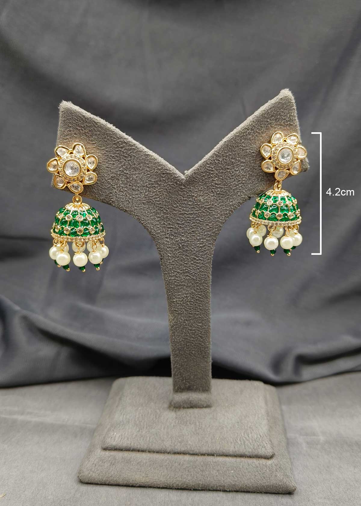 Kundan Gold Plated Floral Design Red And Green Diamond With Pearl Drops Meenakari Jhumka Earring