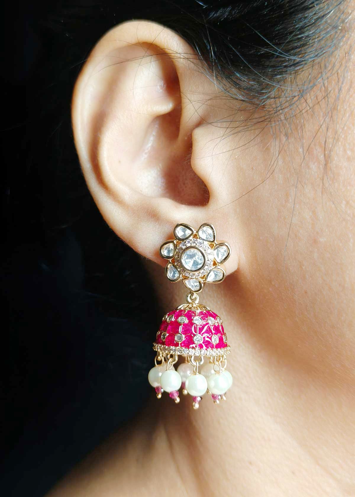 Kundan Gold Plated Floral Design Red And Green Diamond With Pearl Drops Meenakari Jhumka Earring
