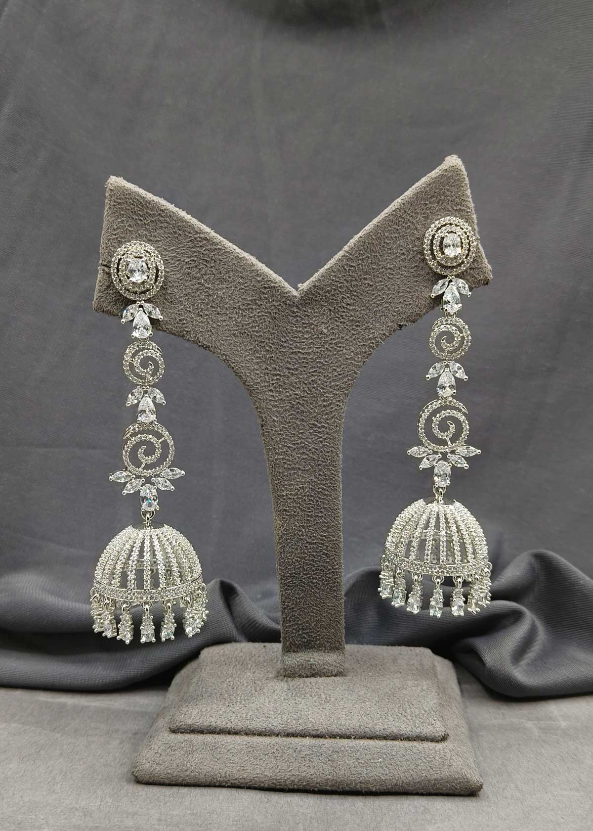 Unique Layered Style Silver Plated Cubic Zircon And Marquise Diamond Long Jhumka Earring For Women