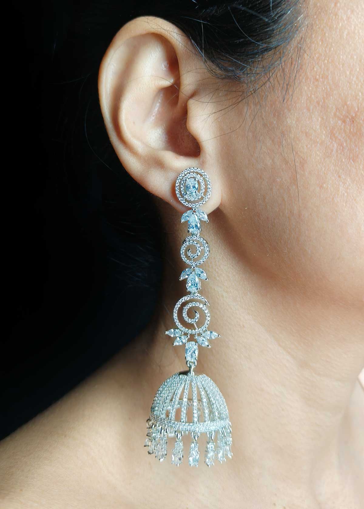 Unique Layered Style Silver Plated Cubic Zircon And Marquise Diamond Long Jhumka Earring For Women