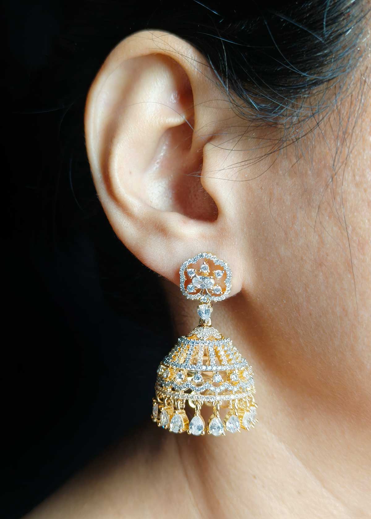 Marquise Diamond Gold And Silver Plated Diamond Small Jhumka Earrings For Women