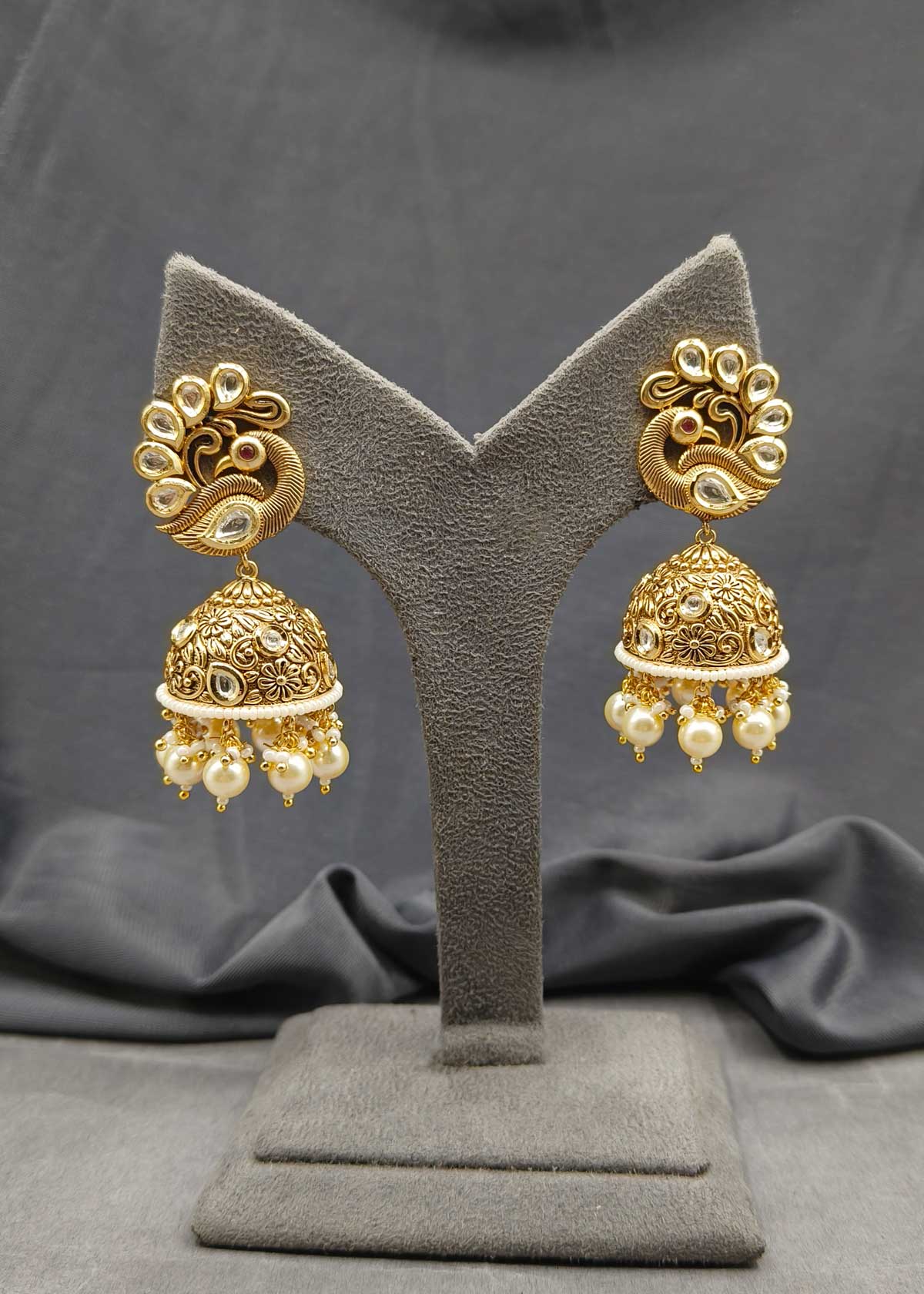 Antique Matt Finish Peacock Style Kundan With Pearl Drops Jhumka Earring For Women