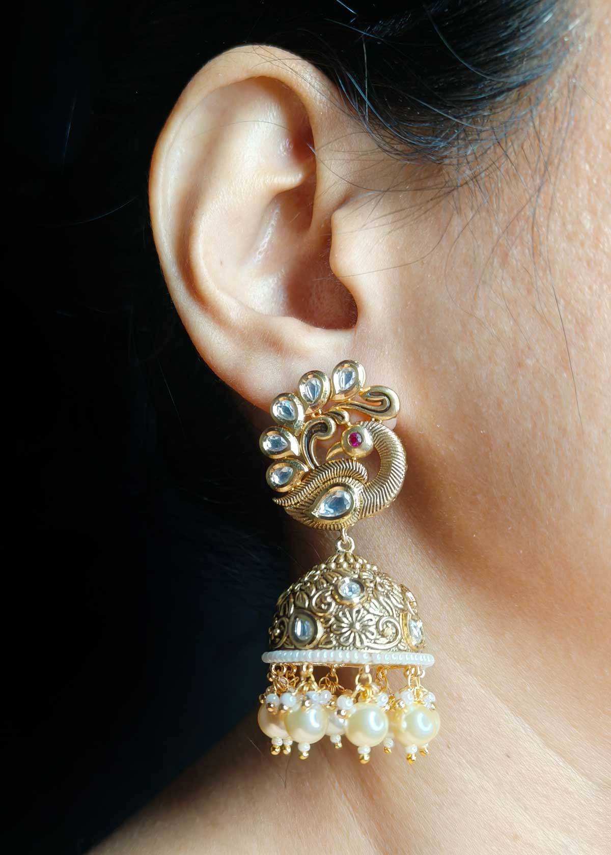 Antique Matt Finish Peacock Style Kundan With Pearl Drops Jhumka Earring For Women