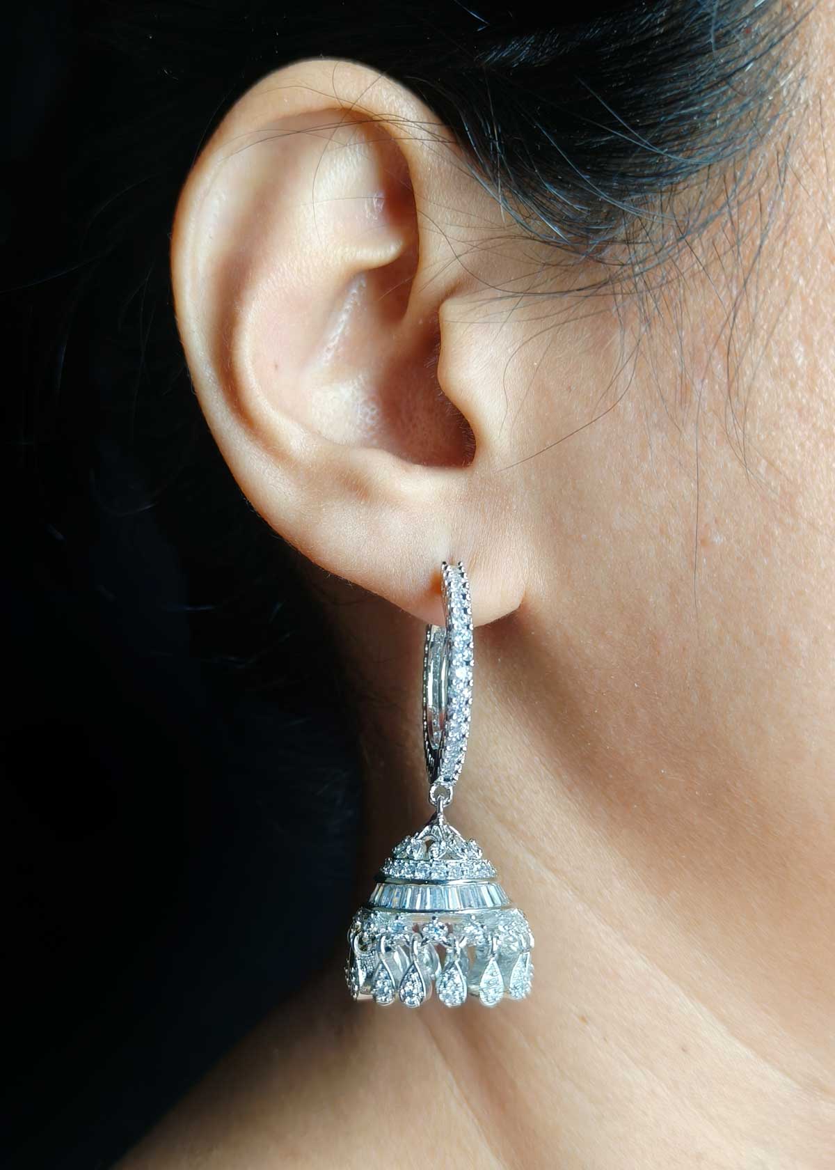 Large Hoop Style Cubic Zircon With Baguette Diamond Gold And Silver Plated Jhumka Earrings For Women