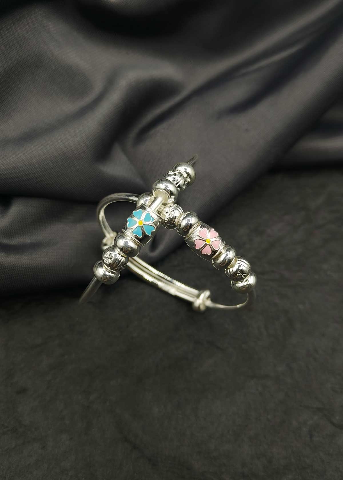 92.5 Sterling Silver Pink And Blue Flower Meenakari Adjustable Baby Girl/Boy Kada