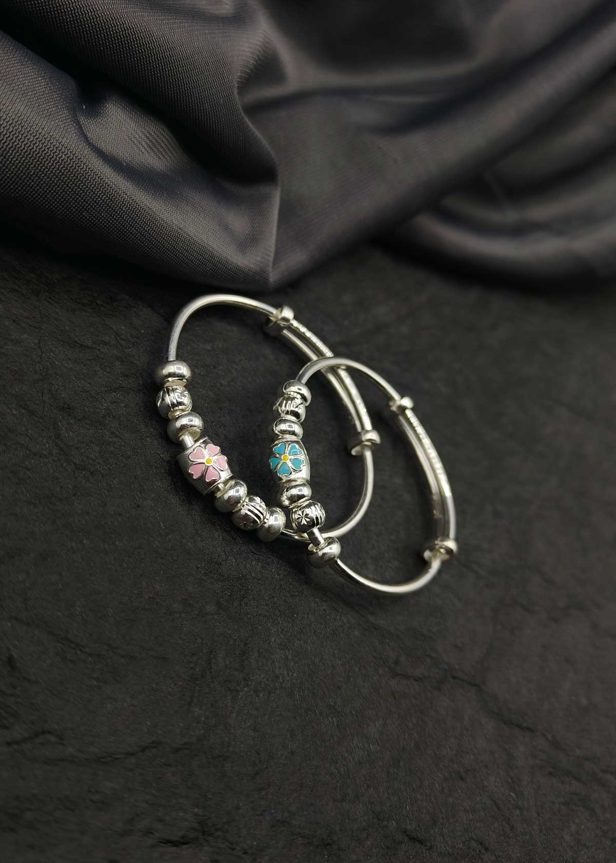 92.5 Sterling Silver Pink And Blue Flower Meenakari Adjustable Baby Girl/Boy Kada