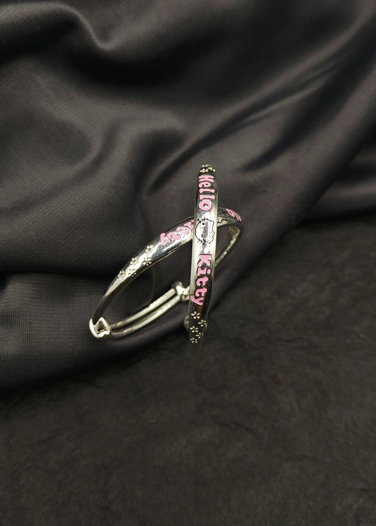 999.9 Sterling Silver Pink Hello Kitty Meenakari Adjustable Baby Girl Kada