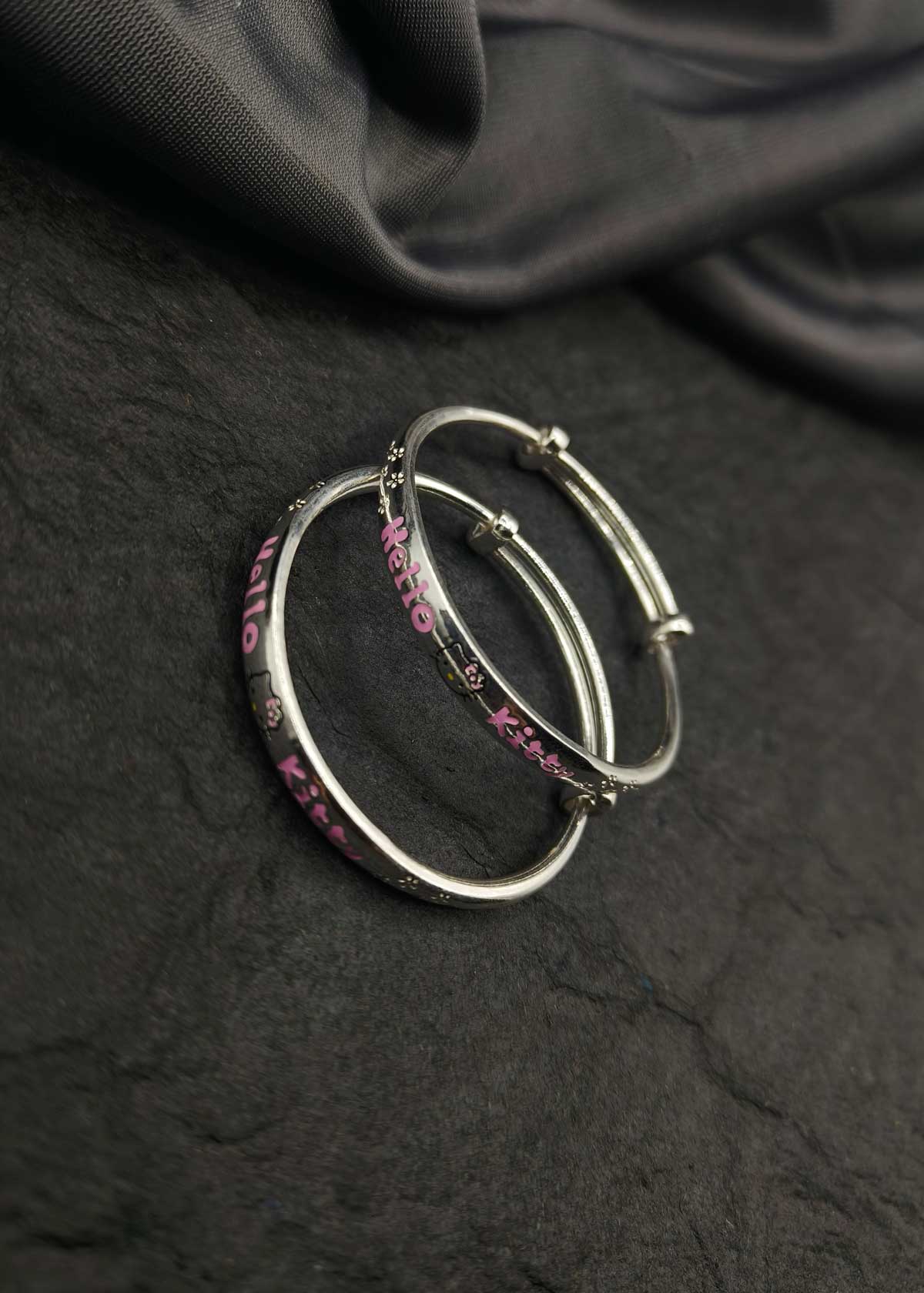 999.9 Sterling Silver Pink Hello Kitty Meenakari Adjustable Baby Girl Kada