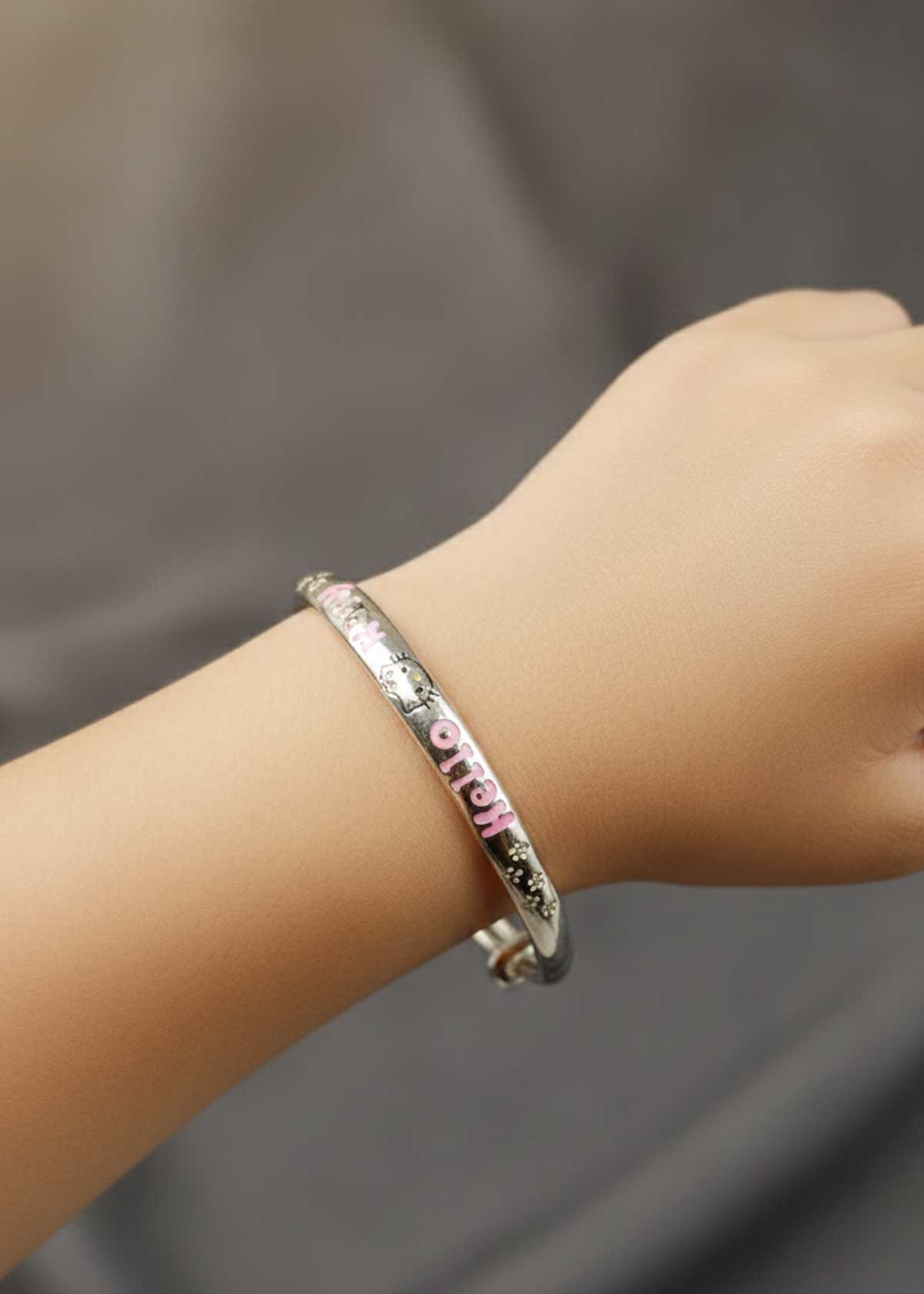 999.9 Sterling Silver Pink Hello Kitty Meenakari Adjustable Baby Girl Kada