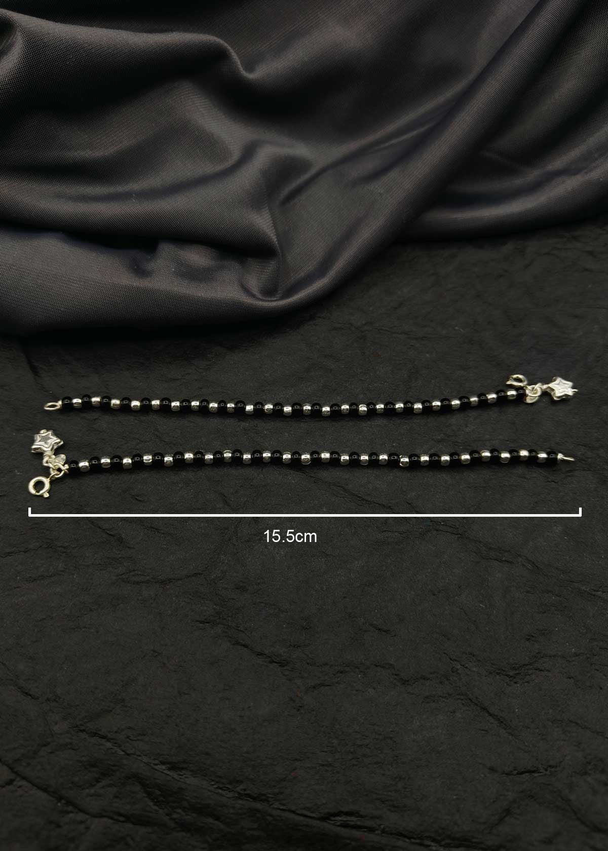 92.5 Sterling Silver Black Beads Nazariya Adjustable Baby Bracelet With Star Charm