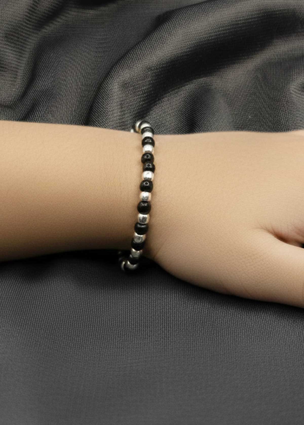 92.5 Sterling Silver Black Beads Nazariya Adjustable Baby Bracelet With Star Charm