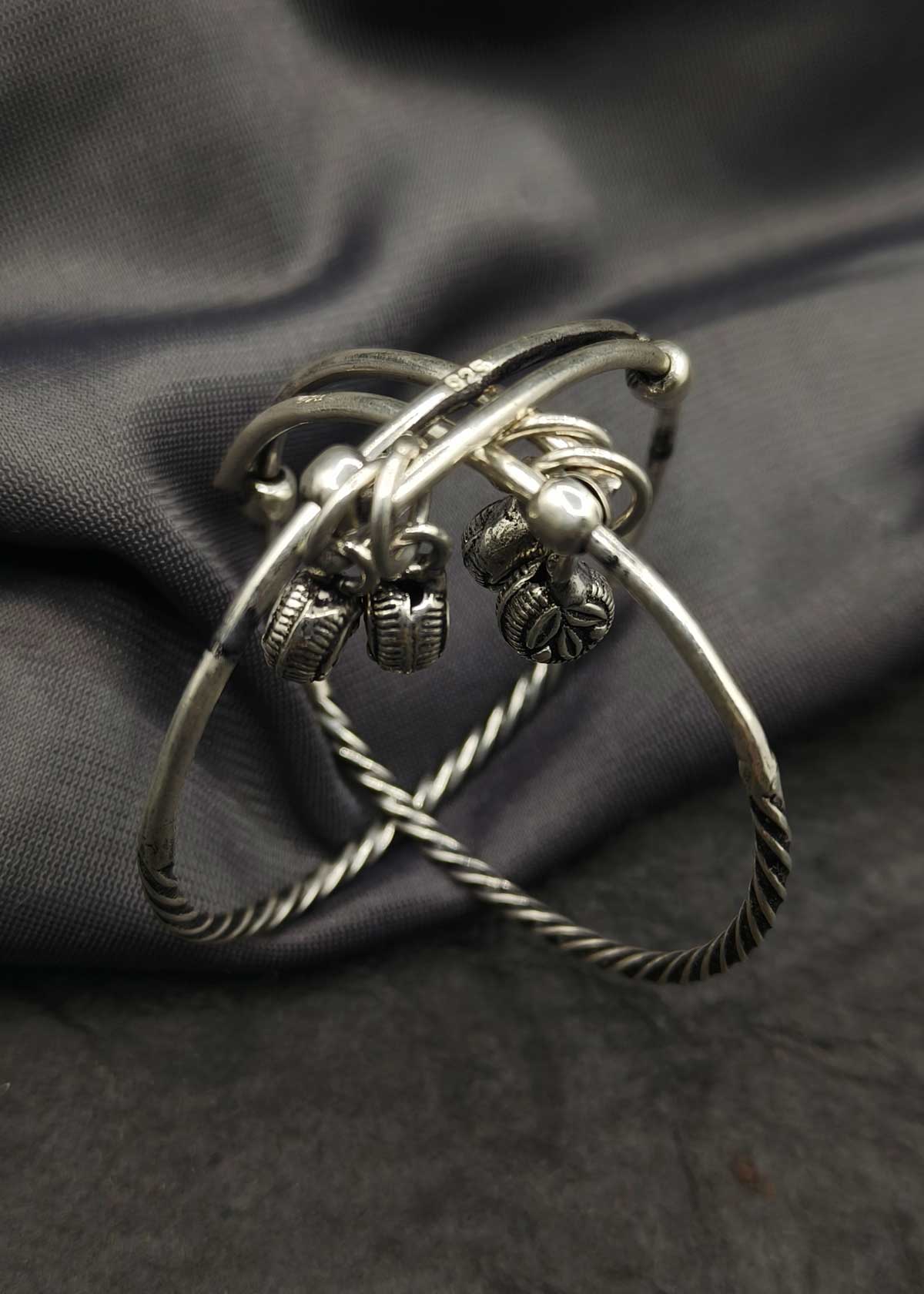 92.5 Sterling Silver Oxidized Twisted Wire And Charming Leaf Design Adjustable Baby Kada