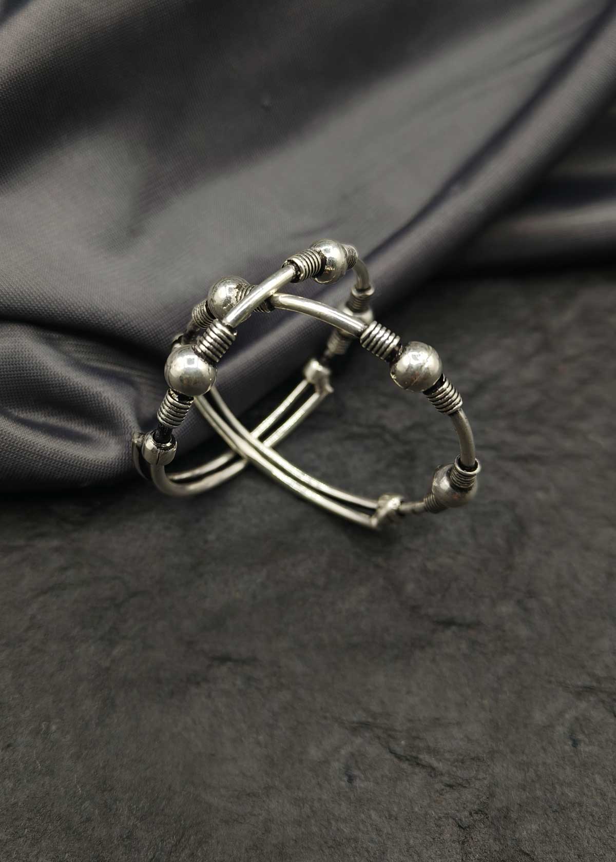 92.5 Sterling Silver Oxidized Coiled Wire Design Adjustable Baby Kada