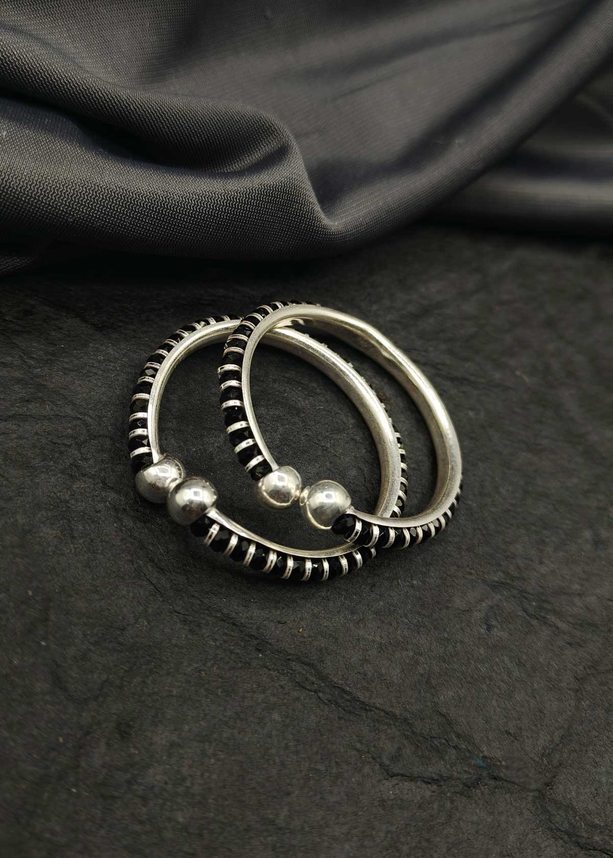 92.5 Sterling Silver Black Beads Adjustable Baby Kada