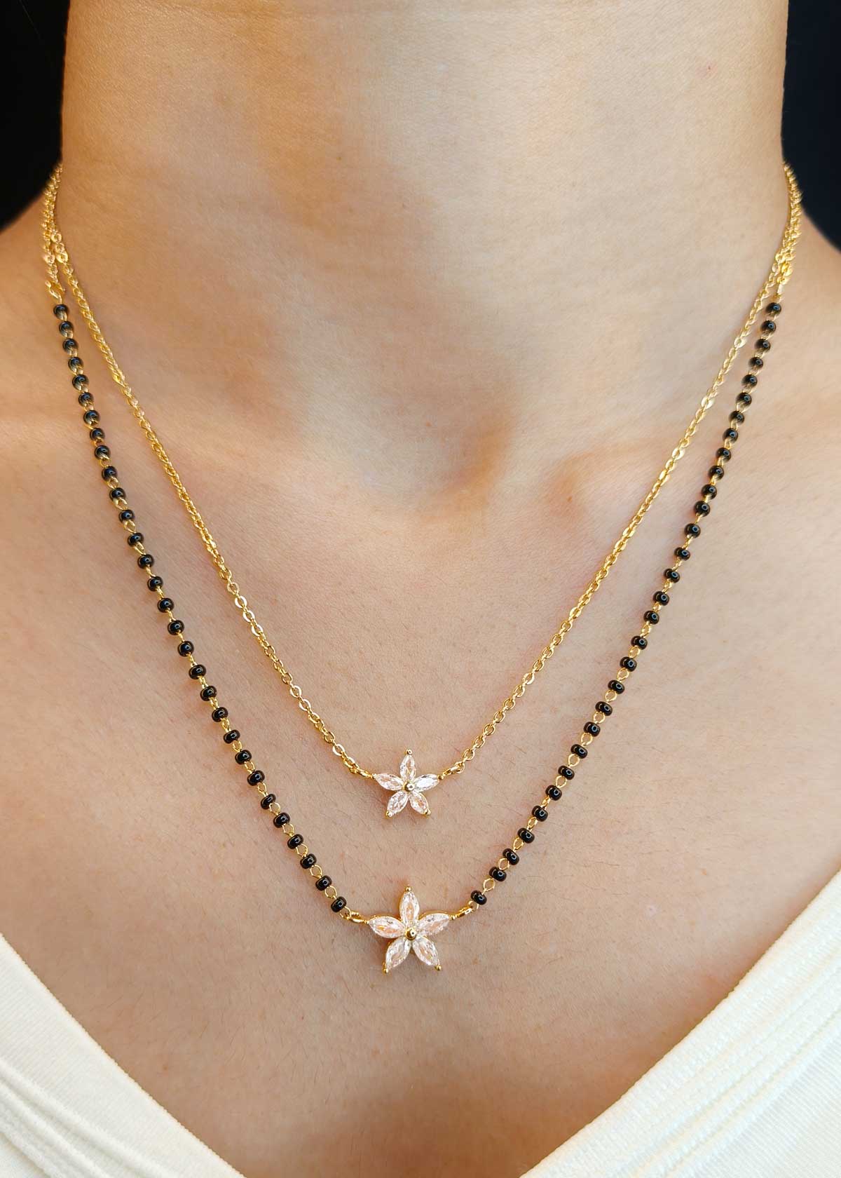 Charming Double Layer Marquise Floral Pendant Gold Plated Mangalsutra Necklace