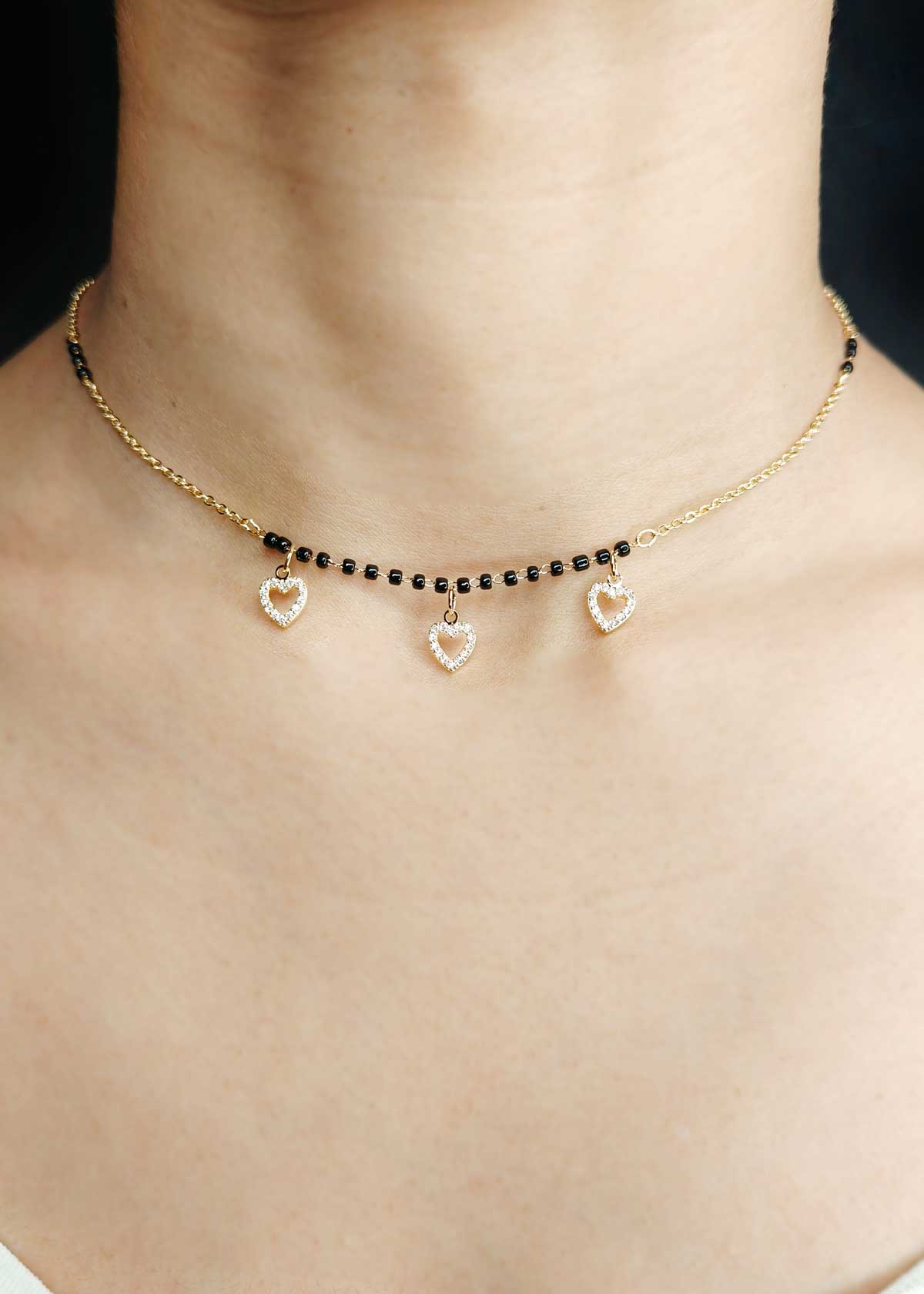 Cubic Zircon Heart Charms Gold And Silver Plated Delicate Mangalsutra Necklace