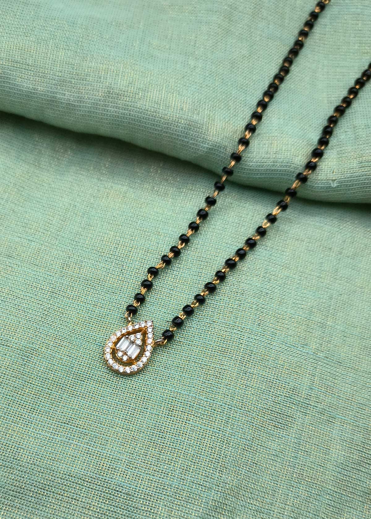 Sparkling Tear Drop Cubic Zircon With Baguette Diamond Pendent Mangalsutra Necklace