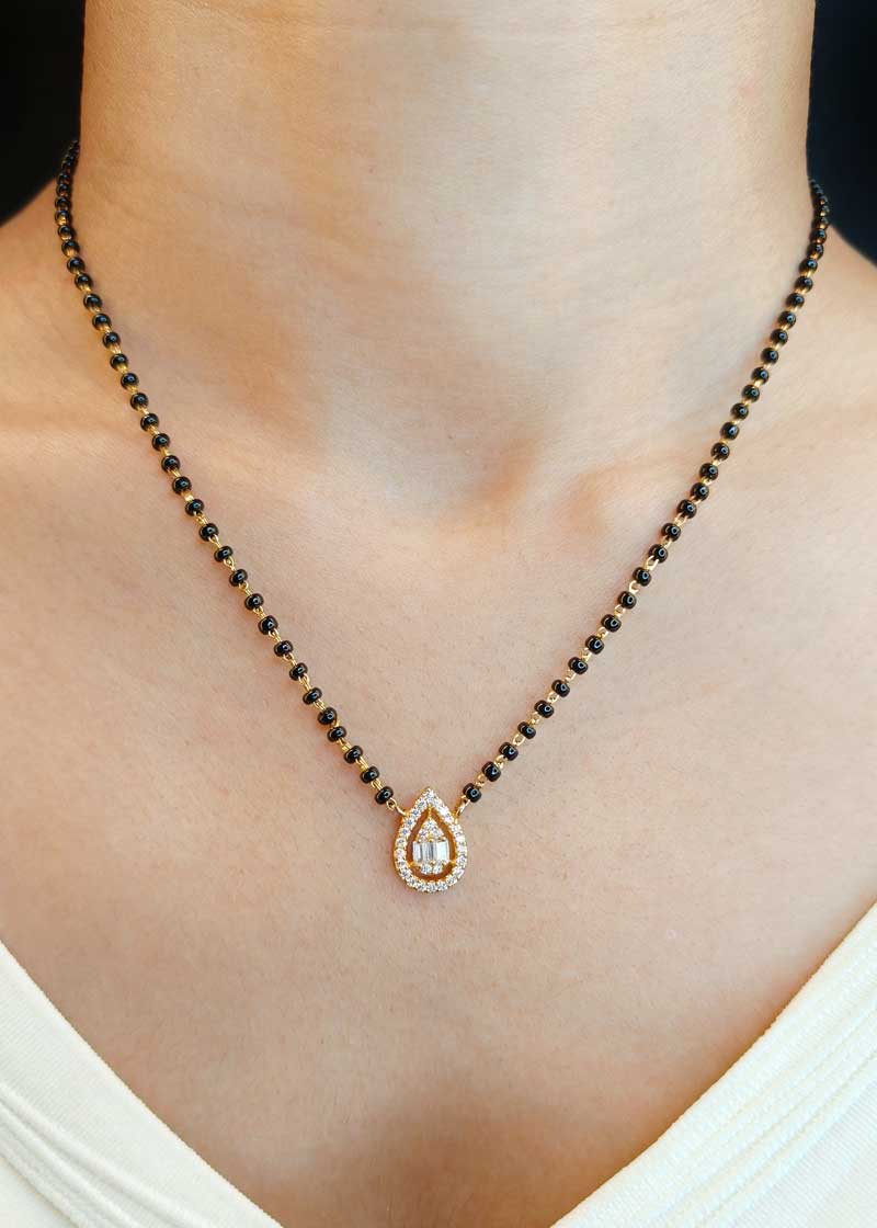 Sparkling Tear Drop Cubic Zircon With Baguette Diamond Pendent Mangalsutra Necklace