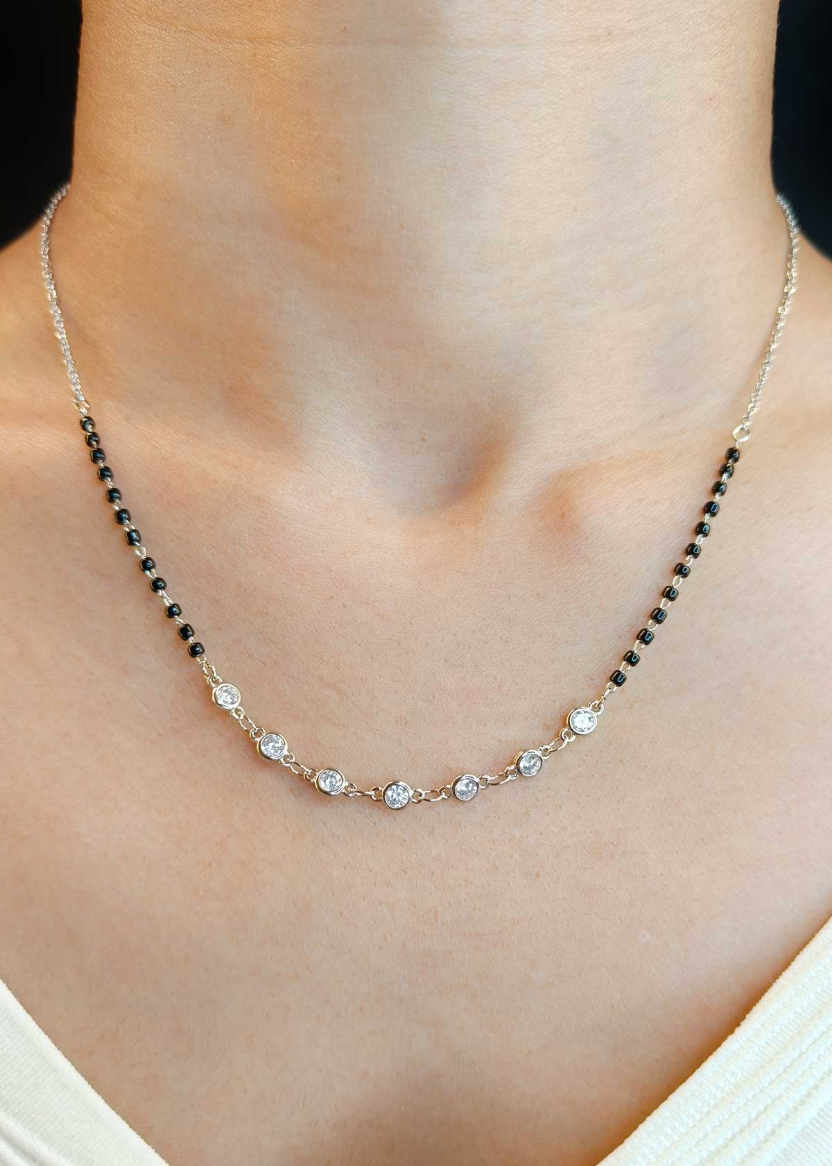 Sparkling Cubic Zircon Dual Tone Delicate Pendant Mangalsutra Necklace