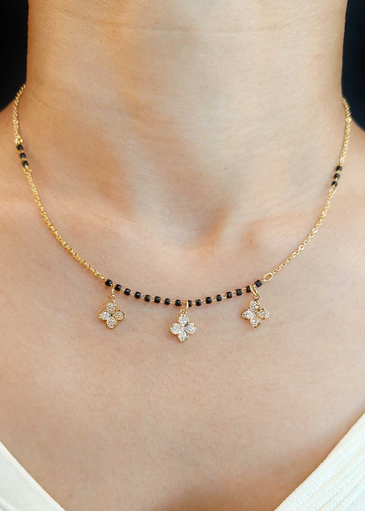 Gold And Silver Plated Cubic Zircon Delicate Clover Pendant Mangalsutra Necklace