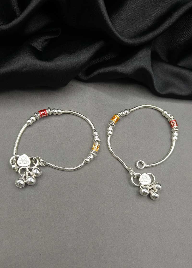 70.0 Sterling Silver Baby Payal/ Anklet With Vibrant Meenakari And Ghungroos