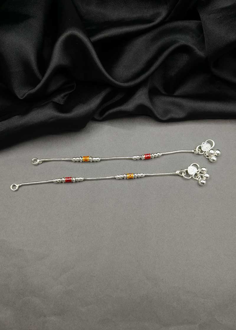 70.0 Sterling Silver Baby Payal/ Anklet With Vibrant Meenakari And Ghungroos