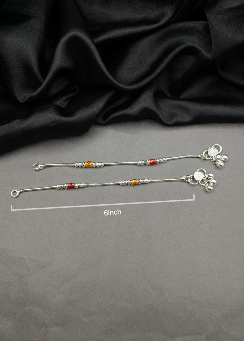 70.0 Sterling Silver Baby Payal/ Anklet With Vibrant Meenakari And Ghungroos