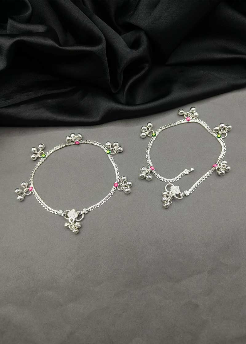 70.0 Sterling Silver Delicate Baby Payal/ Anklet With Meenakari And Ghungroos