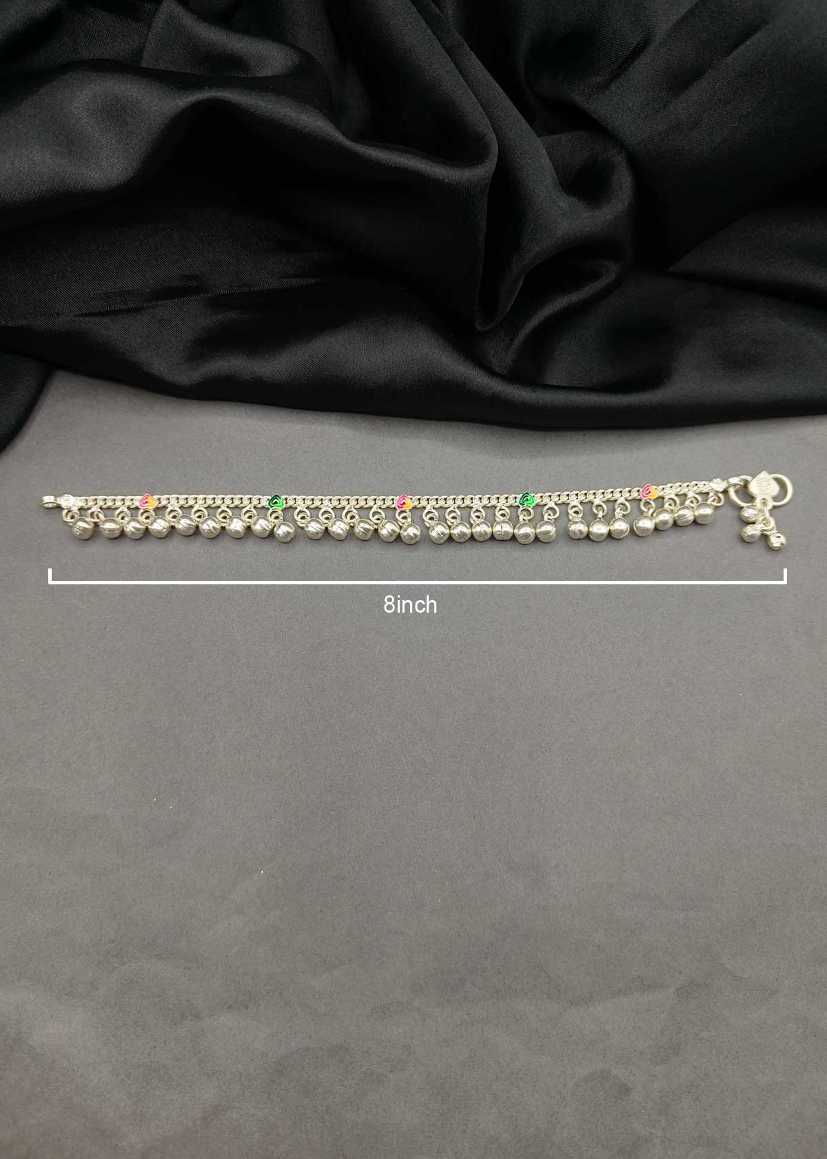 70.0 Sterling Silver Baby Payal/ Anklet With Beautiful Colorful Tiny Meenakari Hearts And Ghungroos