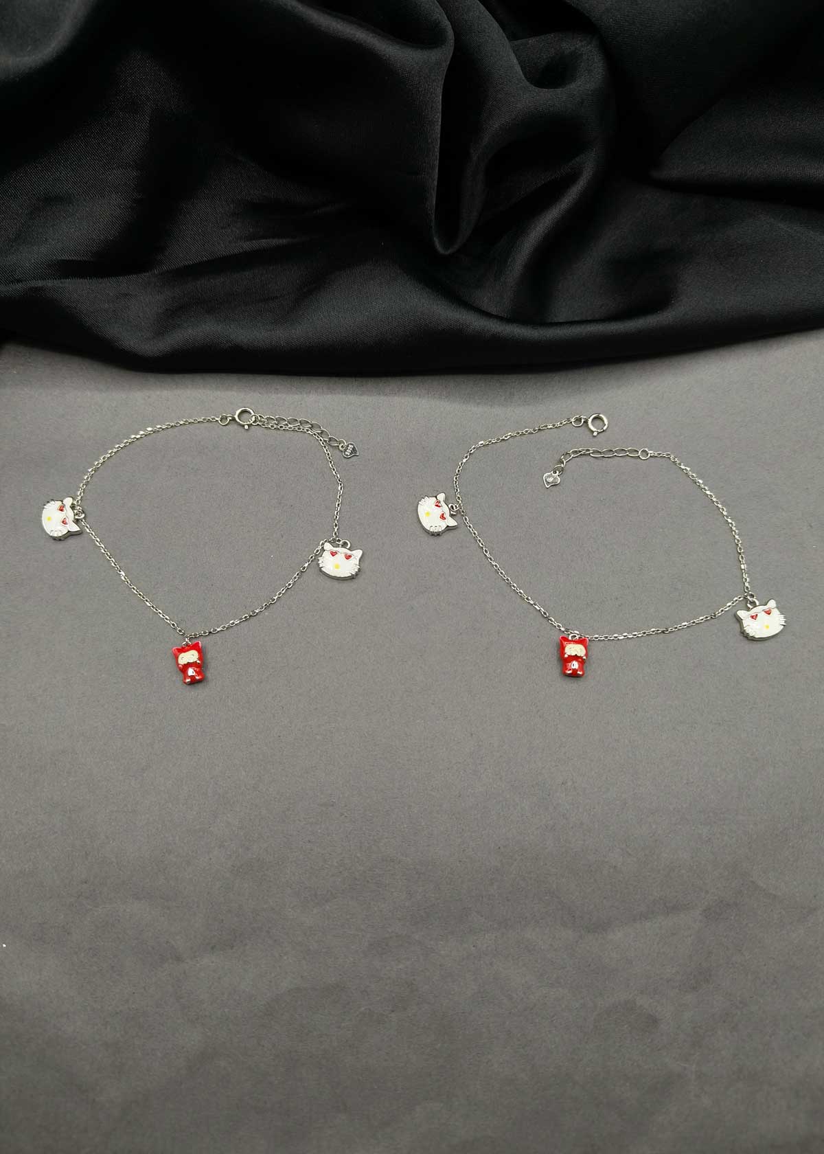 Charming 92.5 Sterling Silver Baby Payal/ Anklet With Cat Faces Meenakari Charms