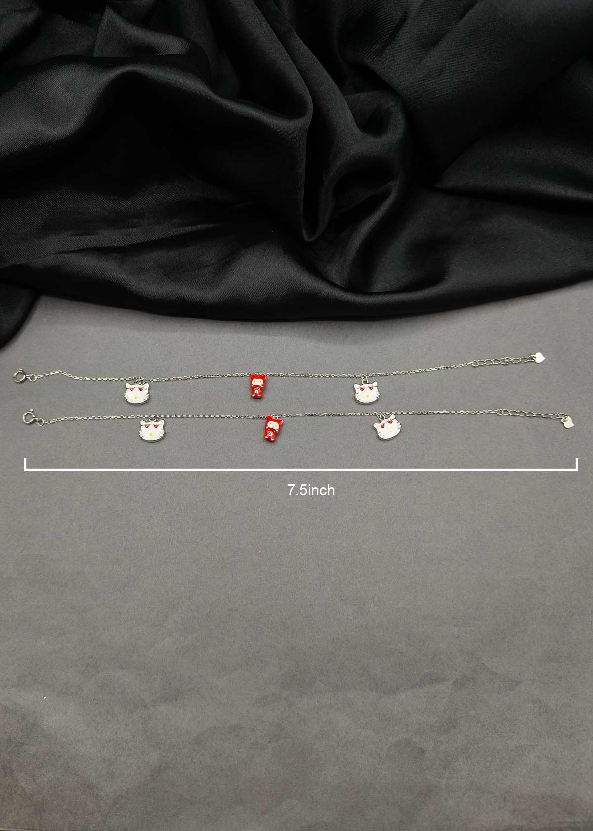 Charming 92.5 Sterling Silver Baby Payal/ Anklet With Cat Faces Meenakari Charms