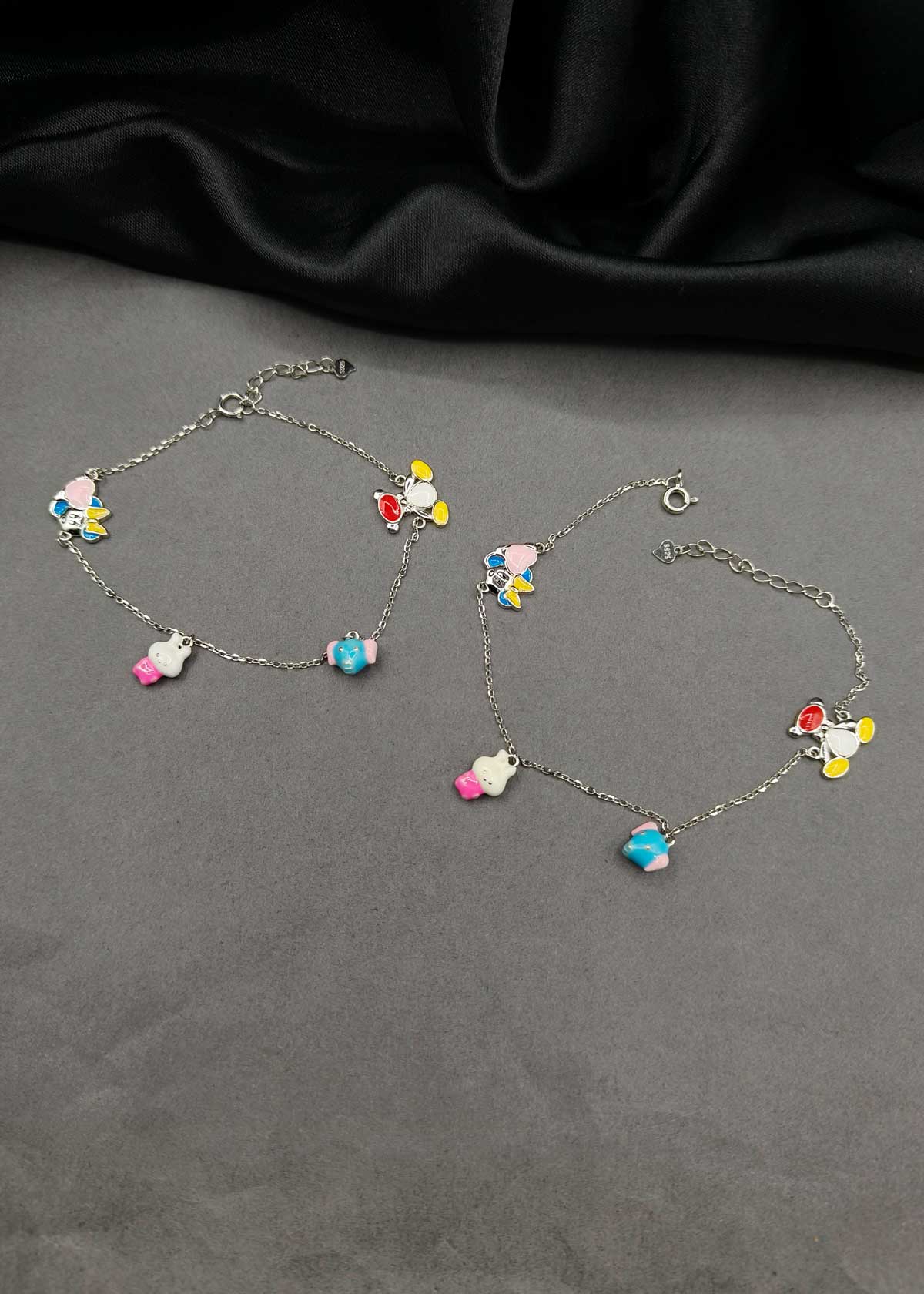 92.5 Sterling Silver Baby Payal/ Anklet With Colorful Meenakari Cartoon Charms