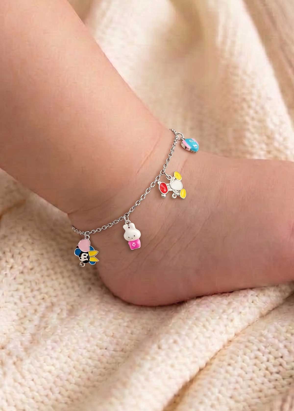 92.5 Sterling Silver Baby Payal/ Anklet With Colorful Meenakari Cartoon Charms (Pair)