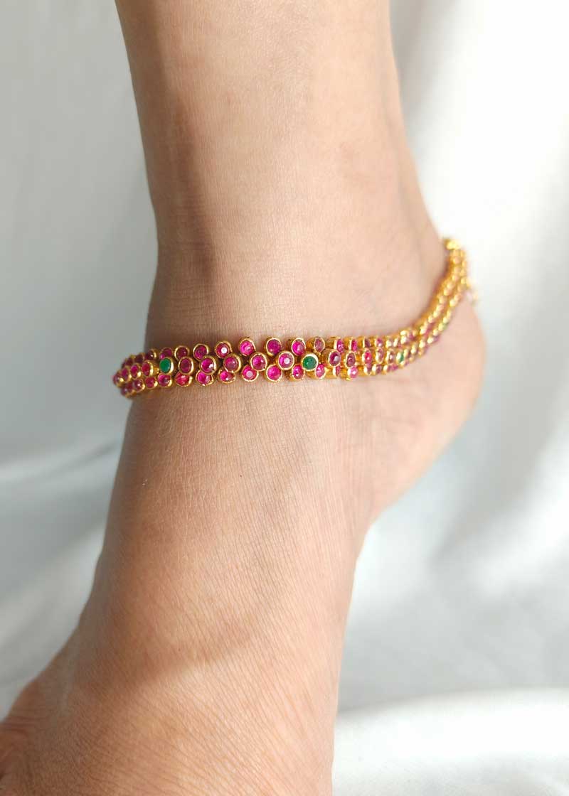Temple Style Antique Gold Plated Cubic Zircon Adjustable Payal/ Anklet For Women