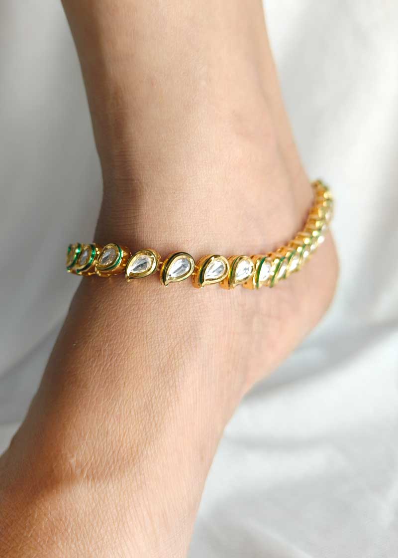 Classic Polki Style Kundan Antique Gold Plated Adjustable Payal/ Anklet For Women