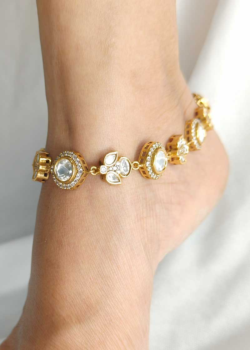 Beautifull Uncut Polki Style Kundan And Cubic Zircon Antique Gold Adjustable Payal/ Anklet For Women