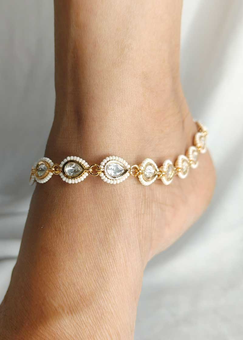 Sparkling Tear Drop Kundan And Pearl Adjustable Payal/ Anklet For Women